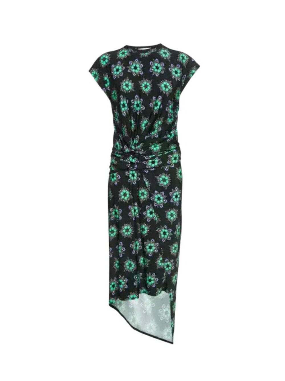 Paco Rabanne Jersey Print Midi Dress Womens 36 XXS Black Green Floral Crew Neck